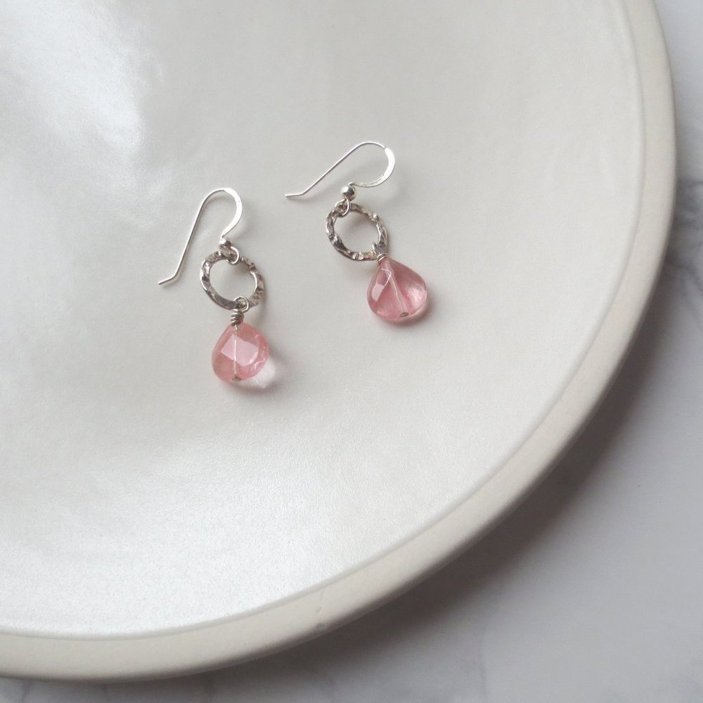 Handmade Sterling Silver Circle Hoop and Cherry Quartz Teardrop Earrings